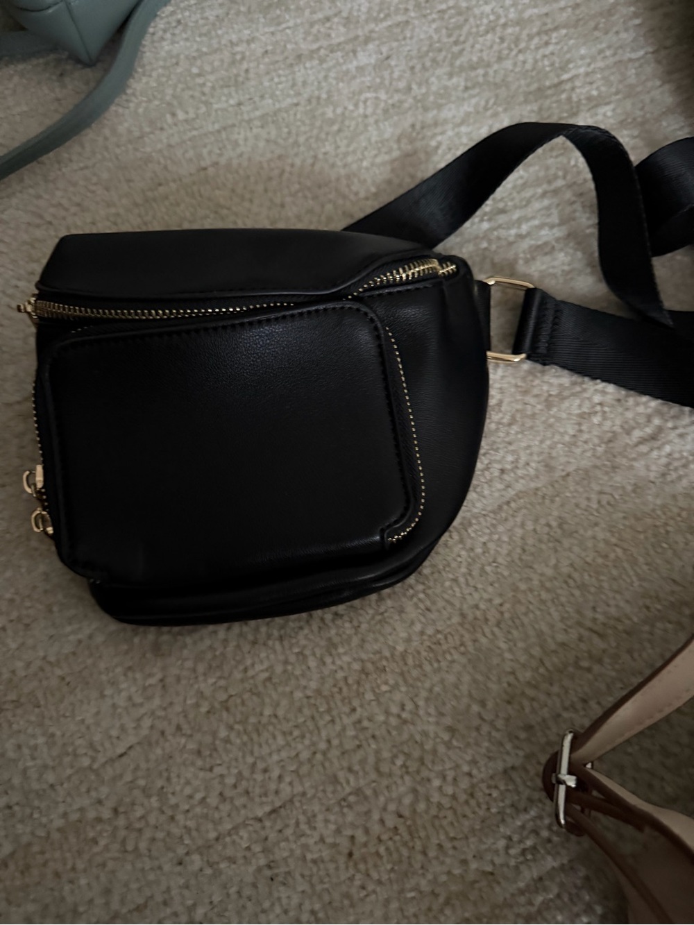 Black Leather Crossbody Belt Bag with Gold Hardware